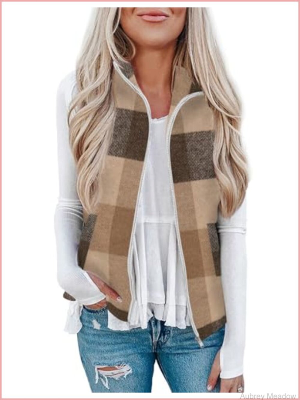 Women's Plaid Sleeveless Vest Zip Up Collared Outerwear with Pockets